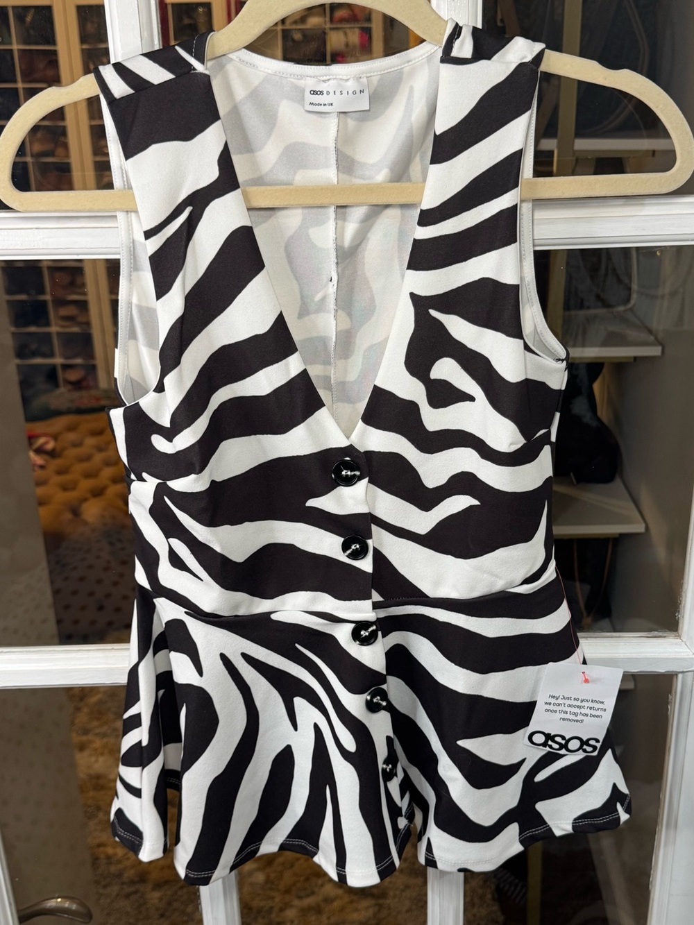 🦓▪️ASOS DESIGN button up v neck with cinch waist in zebra print blouse peplum - Picture 6 of 9